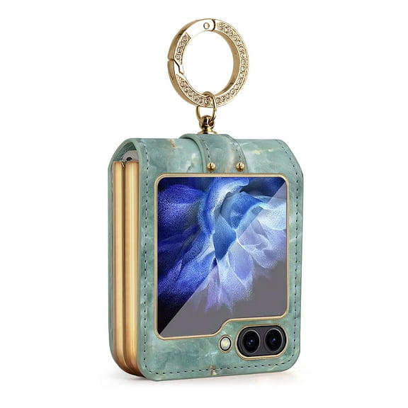 ELEHOLD for Samsung Galaxy Z Flip5 Fashion Leather Case,Beautiful Pattern with Plating Frame Glitter Sparkle Diamond Ring Holder Non-Slip Shockproof Case for Samsung Z Flip 5,Blue