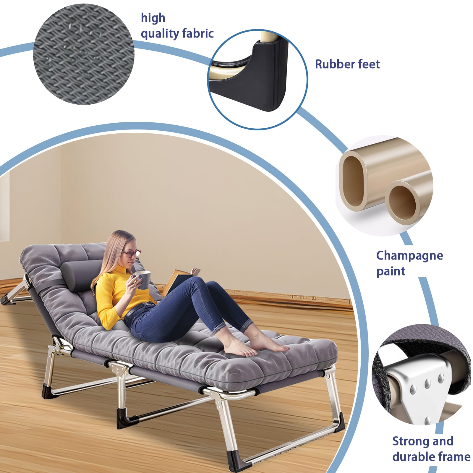 JSTUOKE 5-Fold Camping cot for Adults & Kids, Adjustable Folding Bed Reclining Folding Lounge Chairs with Pillow and Pearl cotton pad, Portable Intdoor Folding Sleeping Cots Bed