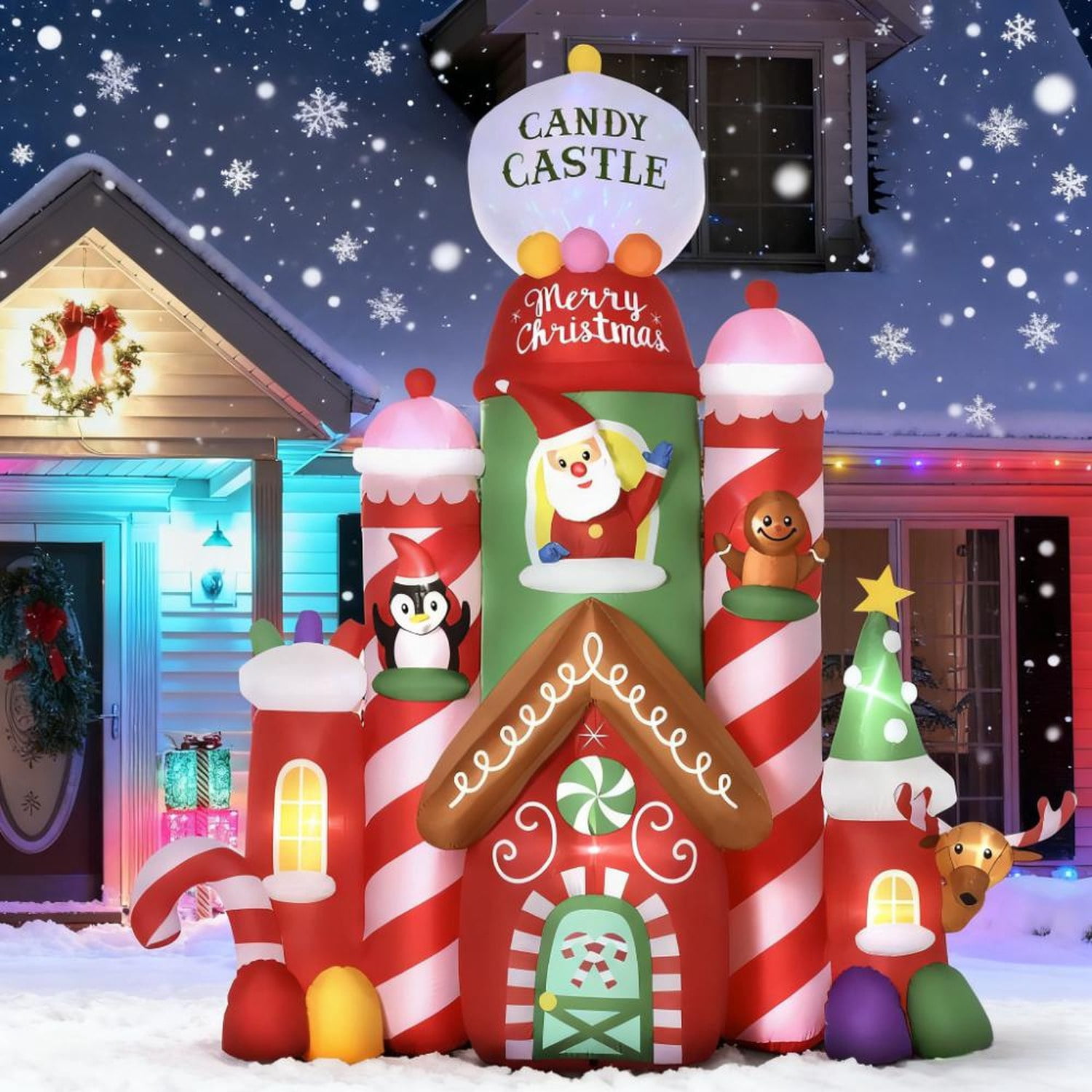 10ft Christmas Inflatables Candy Castle with Santa, Penguin, Gingerbread Man and Elk, Red