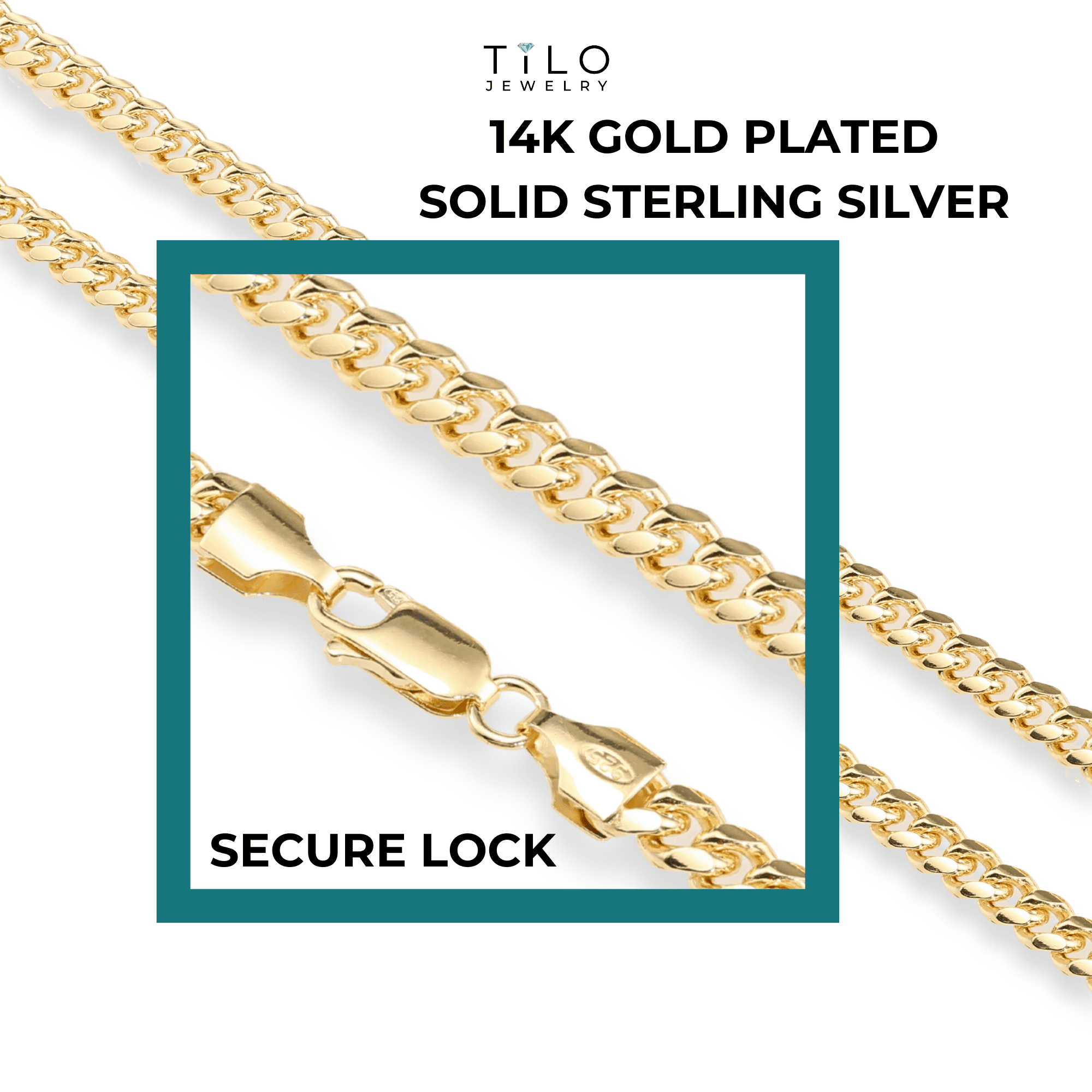 Tilo Jewelry Yellow Gold Plated 925 Sterling Silver Miami Cuban Link Chain Necklace with Secure Lobster Lock | 5mm - 20 Inch | Everyday Necklace for Men & Women