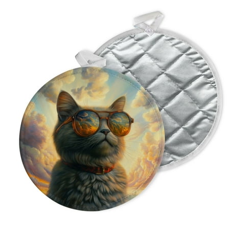 

2 PCS Pot Holders for Kitchen Potholders Sets with Hook for Oven Cooking Baking Fashionable Cat With Sunglasses
