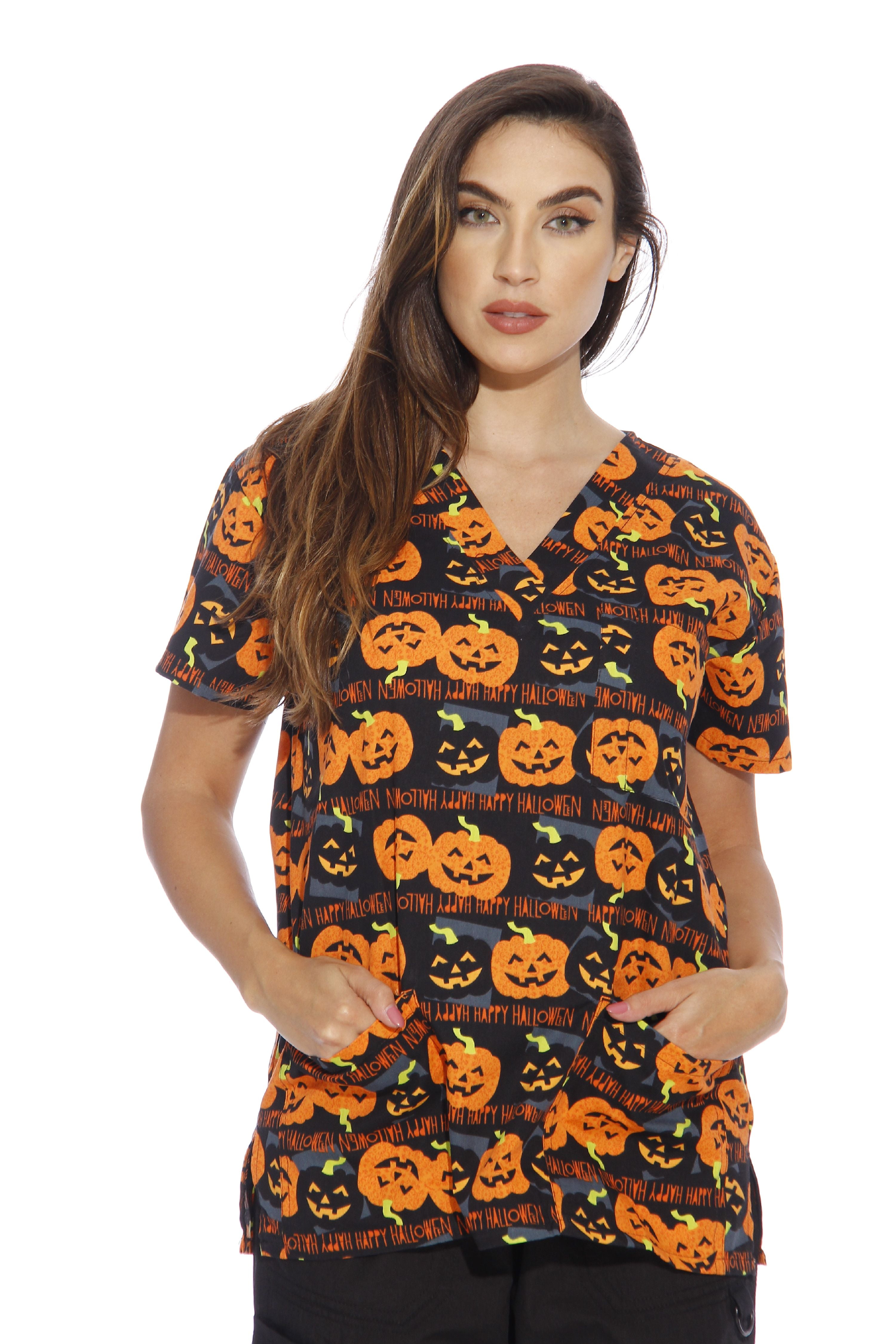 Just Love - Dreamcrest Women's Scrub Tops / Holiday Scrubs / Nursing Scrubs (Happy Halloween, X 