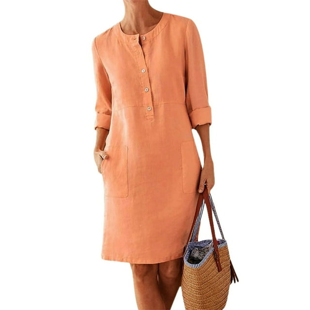 EIMELI Cotton Linen Basic Maxi Dress Boho Style Ladies Crew Neck Half Sleeve Daily Suit