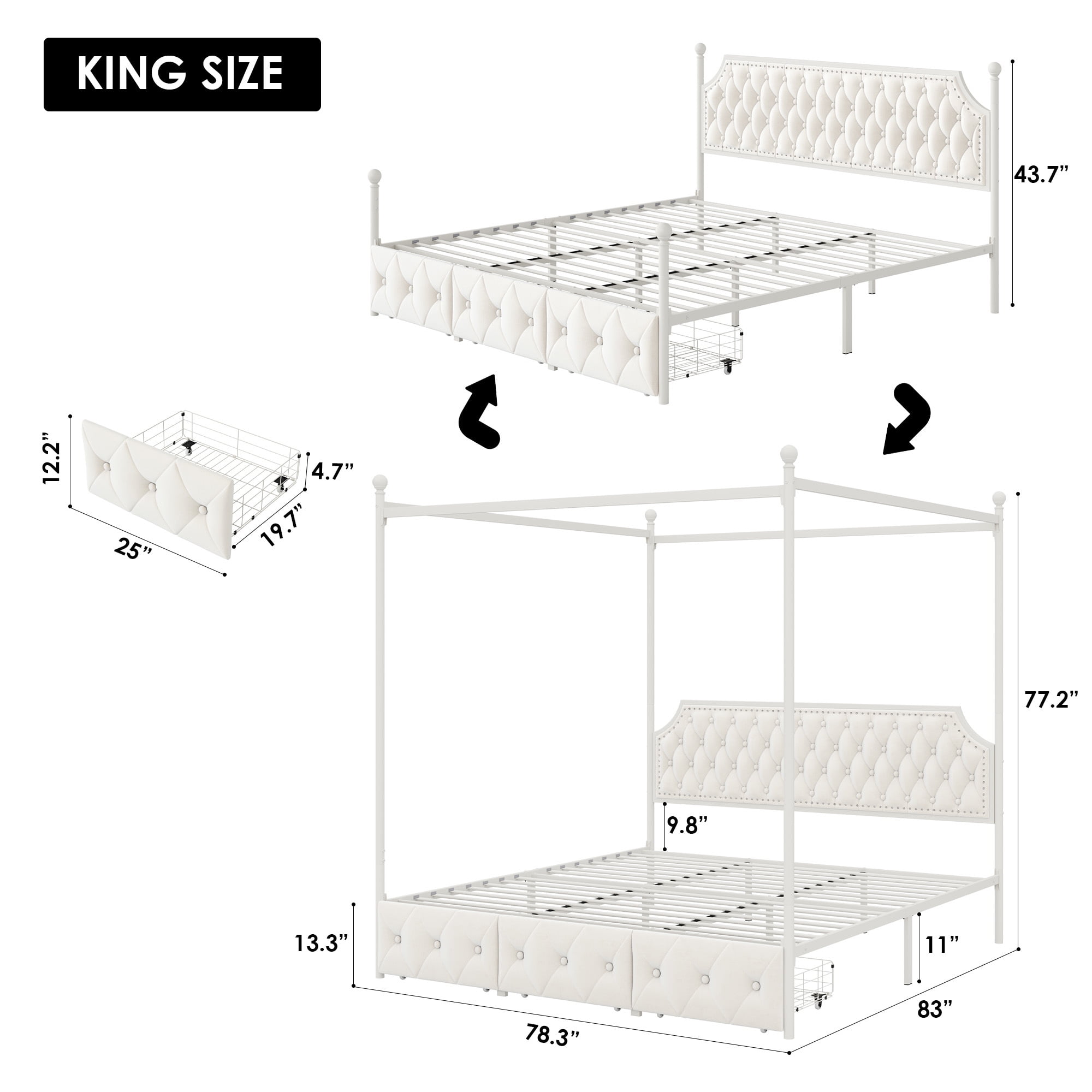 Homfa King Size Removable Canopy Bed Frame, 3 Storage Drawers Metal Platform Bed with Button Tufted Upholstered Headboard, Canopy Bed Curtain Not Included, Beige