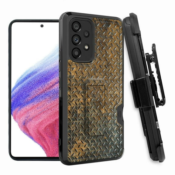 ANJ  Rugged Shockproof Hoster Case w/Card Slot, Kickstand   Tempered Glass Cover for Samsung Galaxy A33 5G - Rustic Steel Plate