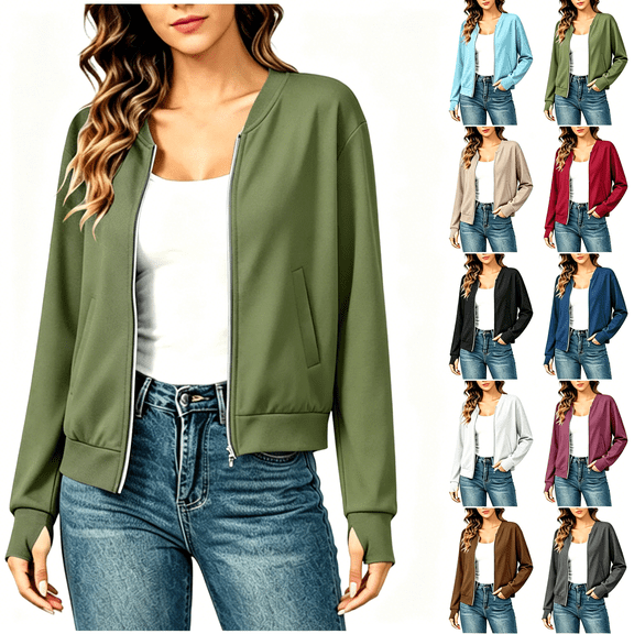Yotami Womens Zip Up Jacket with Pocket, Long Sleeve Fall Casual Clothes with Thumb Hole Lightweight Outerwear Coat