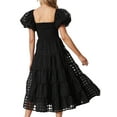 thumbnail image 3 of Women 2023 Off Shoulder Summer Midi Dress Puffy Short Sleeve Square Neck Smocked Gingham Tulle Tiered Ruffle Dresses, 3 of 4