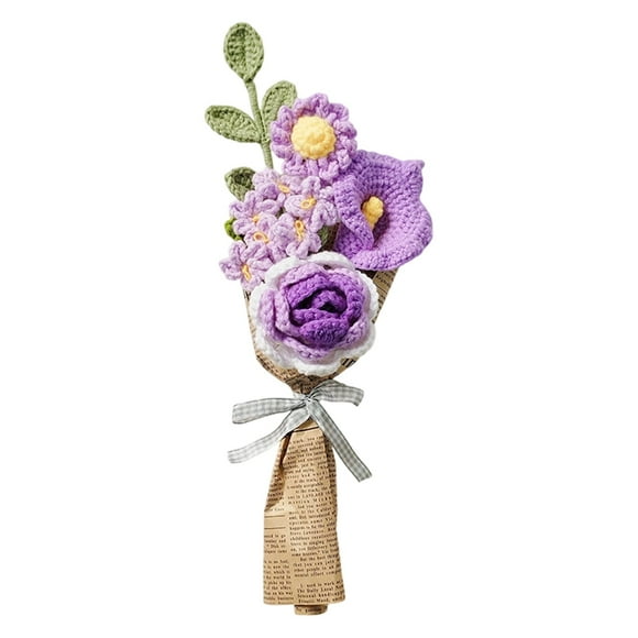 Paper Flower Bouquet Knitted Rose Yarn Handmade Simulated Flowers with Purple Crochet Roses and Green Leaves Wrapped in Newspaper-Style Paper and Checkered Ribbon