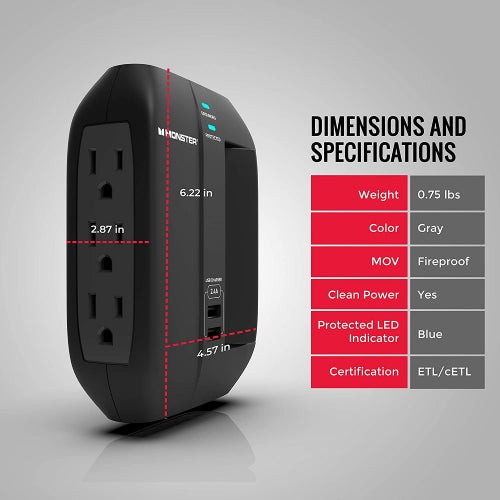 Monster Swivel Wall Tap with 6 Outlets and 2 USB Ports - English/French