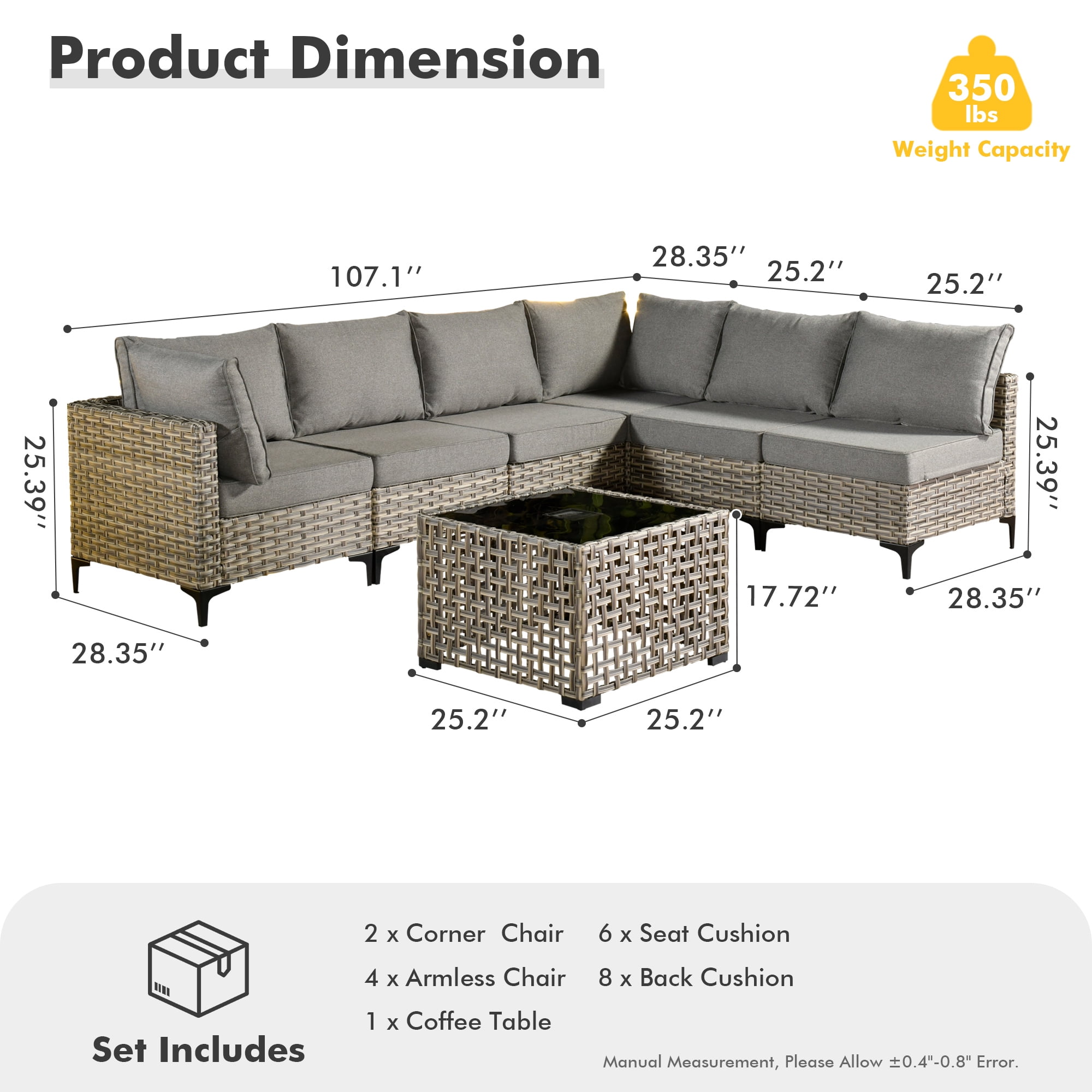 Ovios 5 Pieces Outdoor Patio Furniture Wicker Conversation Sectional with High-Back & Solar Lamps Coffee Table for Backyard