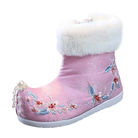 

TALKVE Toddler Gilrs Rubber Sole Warm Winter Snow Boots Embroidery Print Cloth Boots