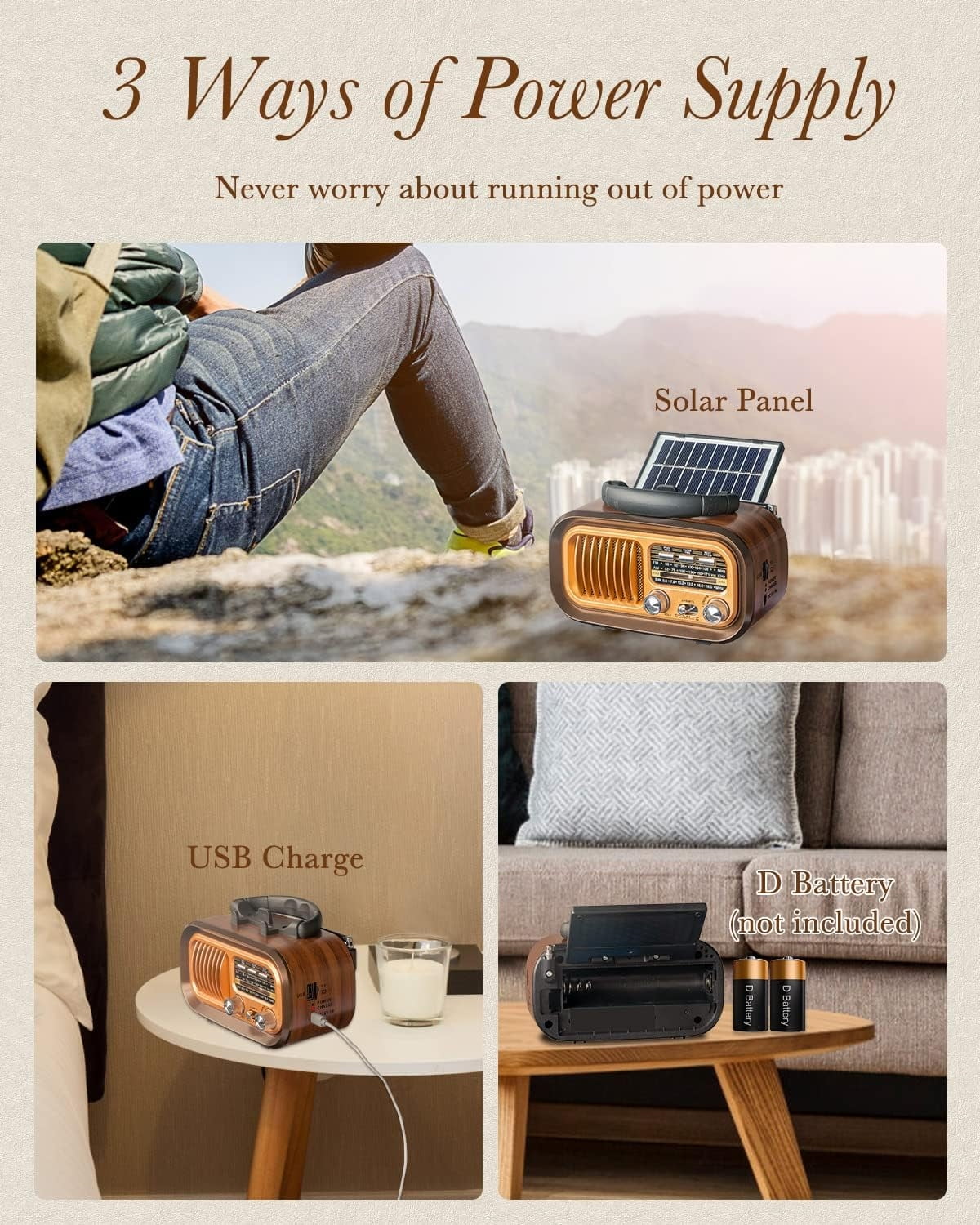 Portable Radio AM FM SW, Retro Bluetooth Personal Radios, Vintage Transistor Radios with Solar Battery Operated USB-C Rechargeable, TWS, Support TF Card/USB Playing for Senior,Middle-aged People,Kids