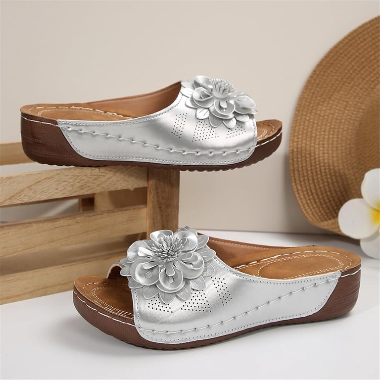 orthopedic dress sandals for women ZHUCLU 2026 Comfortable Flower Sandals Summer Beach Platform PU Leather Wedge Open Toe Sandals Arch Support soft mesh lining with polyester webbing toe post prevents straps from digging into skin Adjustable straps feature a hook and loop closure for an easily adjustable fit Contoured Orthopedic Sandals & Flip Flops