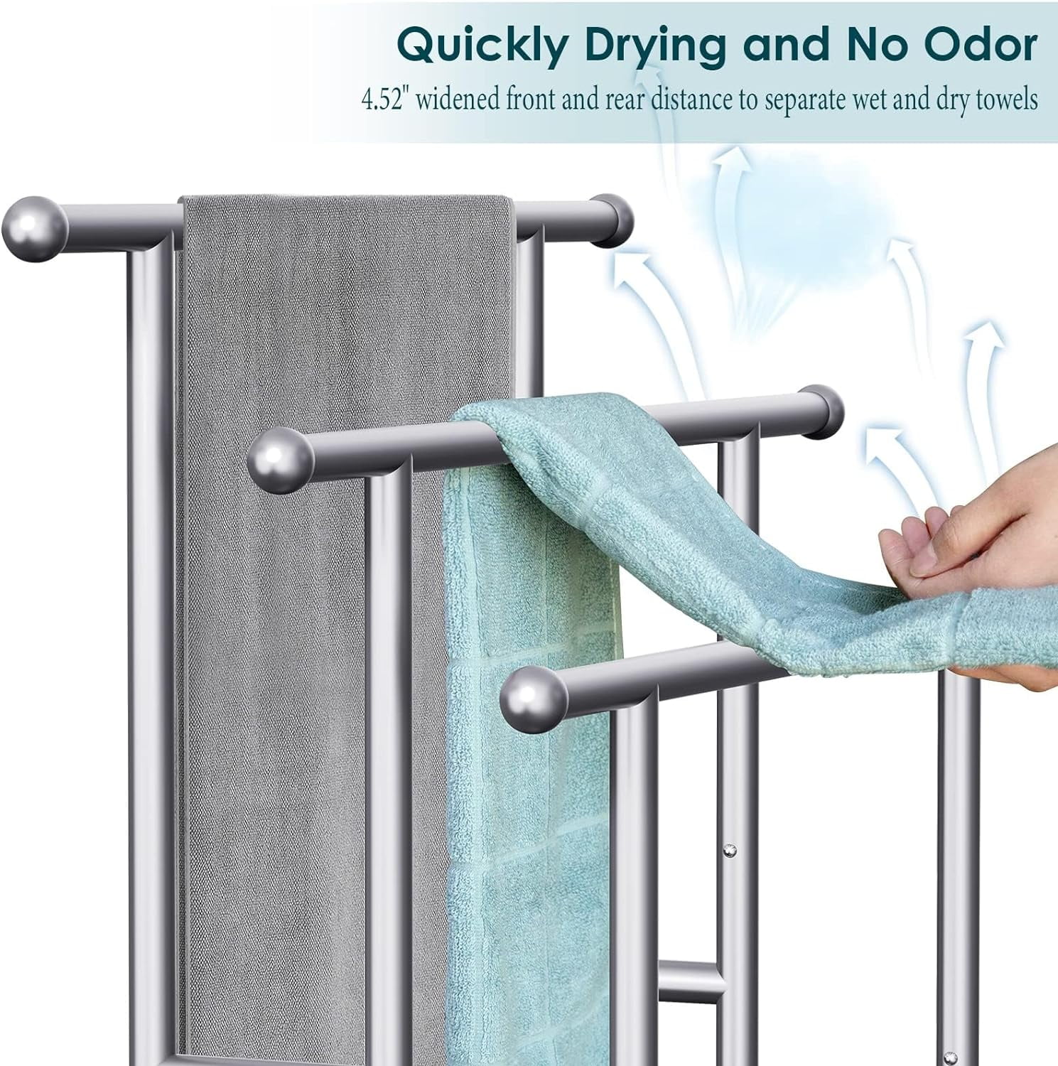 Kayfia 40" Tall Freestanding Towel Racks for Bathroom, 3 Tier Floor Towel Rack with Storage Basket Silver