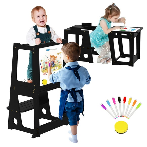Toddler Learning Tower, Kitchen Toddler Step Stool Standing Tower with Whiteboard 2 in 1 Convertible Table and Chair, Removable Safety Rail, Widened Platforms for Kitchen Counter Bathroom Sink