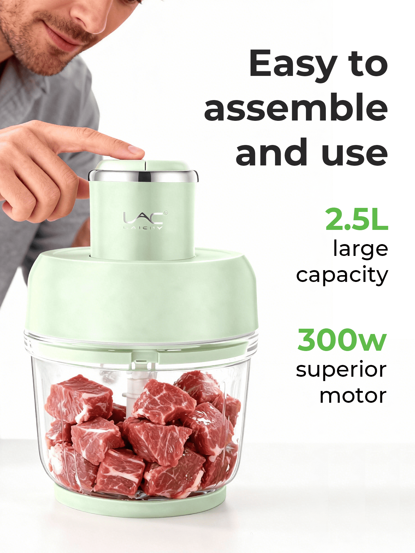 10-Cup Dual Pot Food Processor, Stainless Steel Blades, Veggie Chopper for Kitchen Use, Light Green