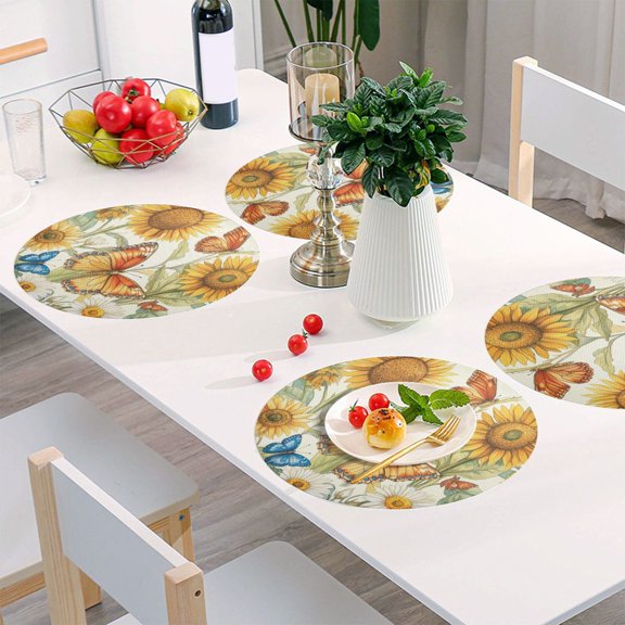 Round Grid Placemat ,One Sizex1, Round Placemat, PVC Plate Mat,15.4 Inch Non-Slip and Heat Resistant, Table Placemat, Dining Room Placemat Lovely Orange Butterflies