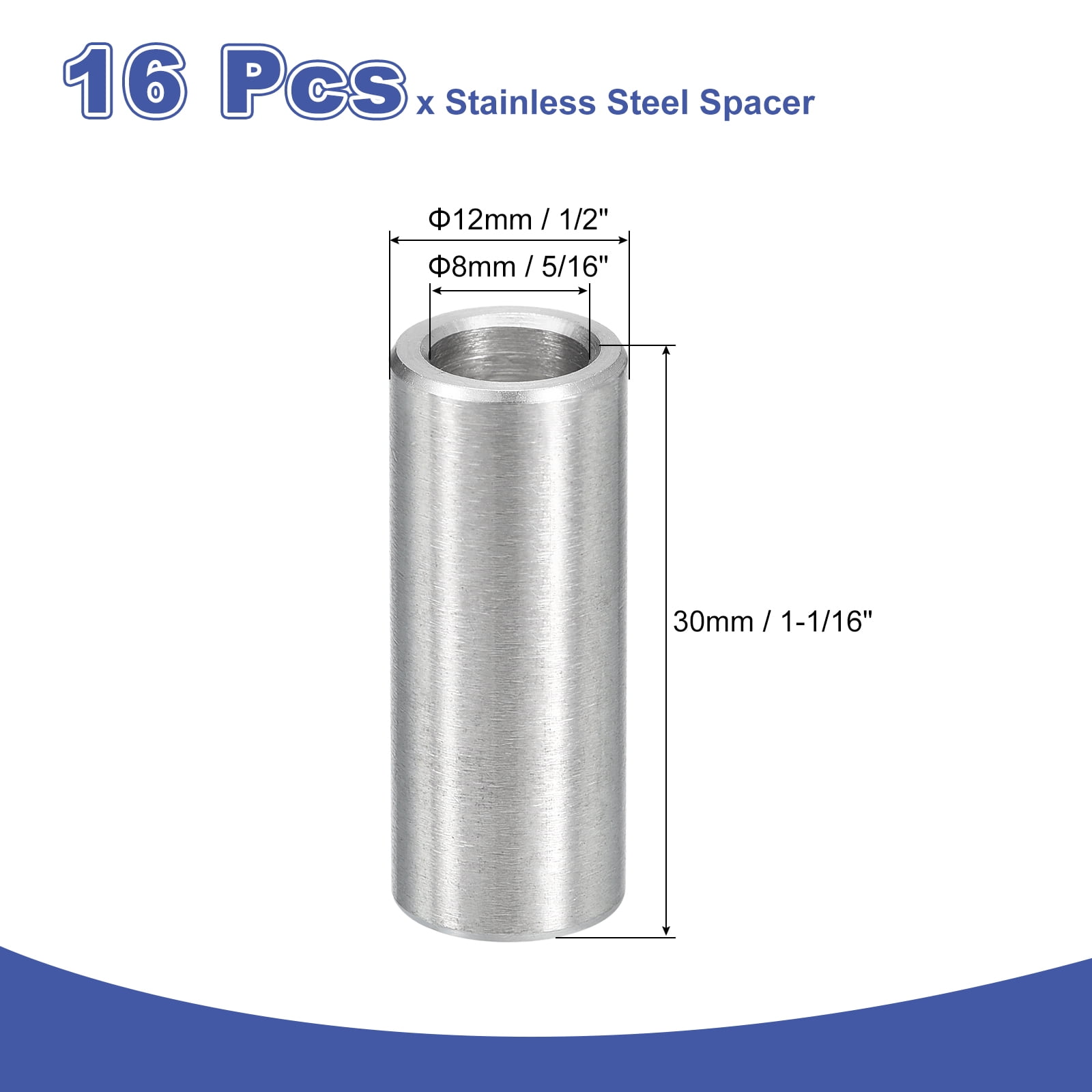 16Pcs 304 Stainless Steel Spacer 12mm OD x 8mm ID x 30mm Length for M8 Screw
