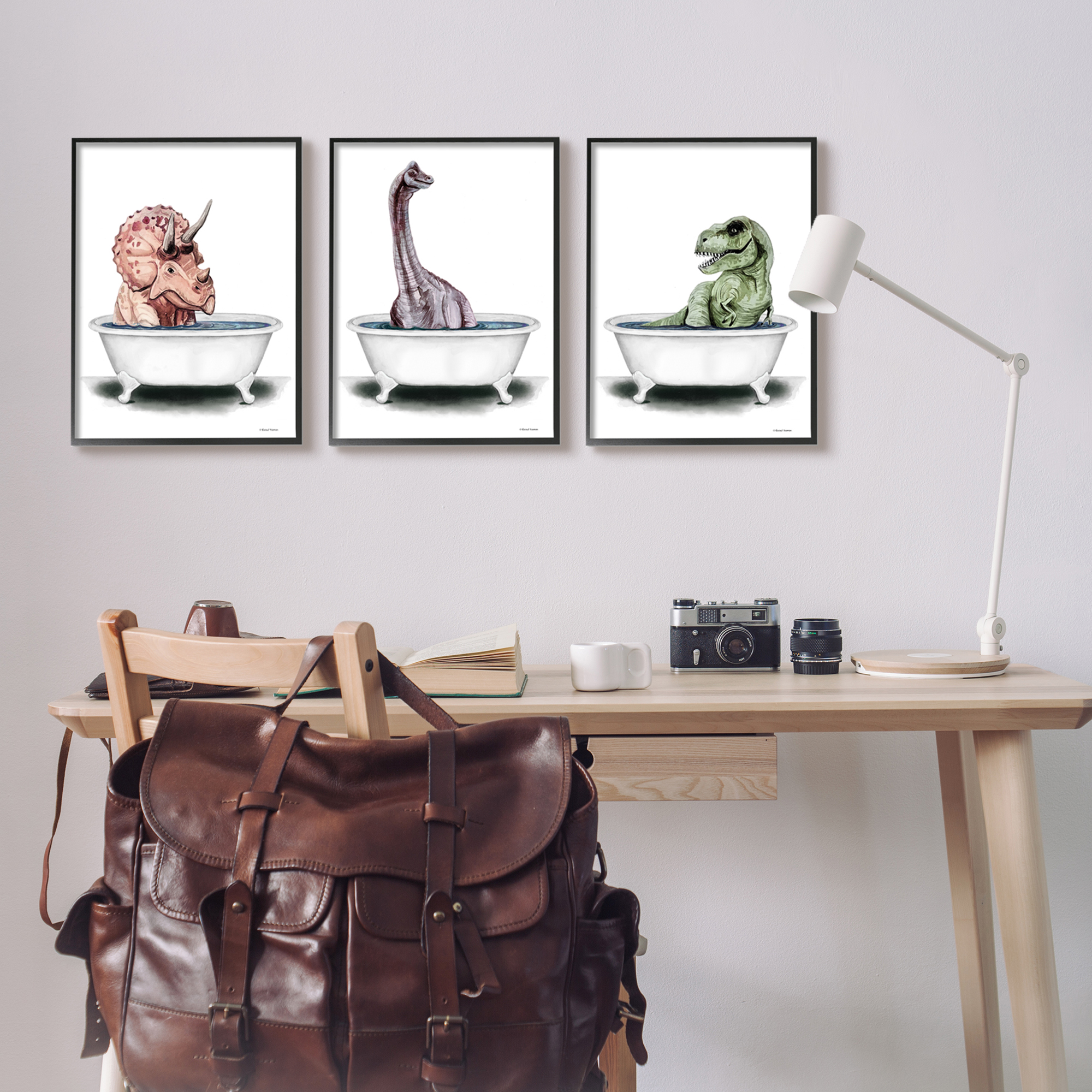 Stupell Fun Dinosaurs Bathroom Tubs Animals & Insects Painting Black Framed Art Print Wall Art, Set of 3