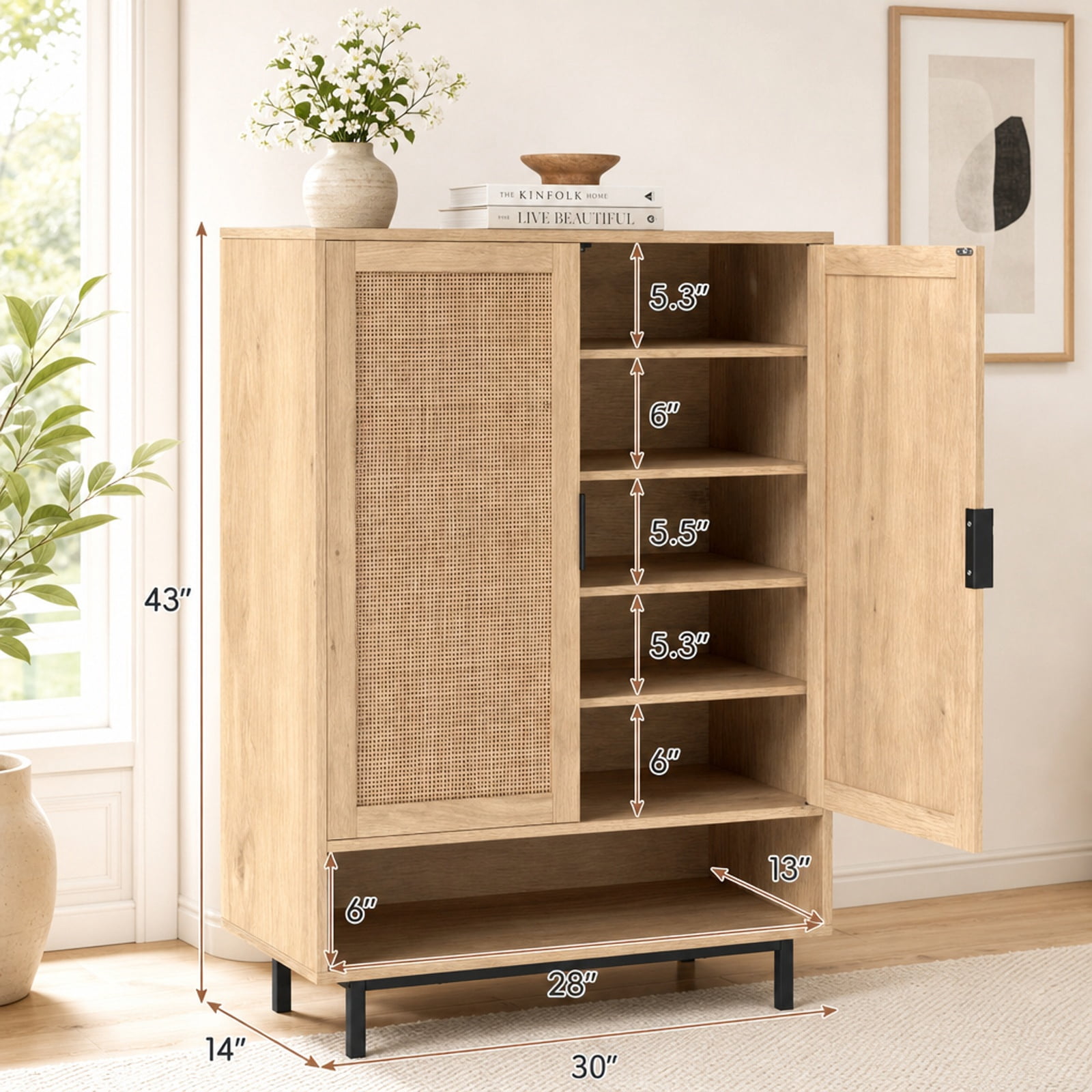 Furnibear 43 Inch Tall 6 Tier Shoe Cabinet with Double Doors and Adjustable Shelves for Entryway Living Room and Closet, Natural