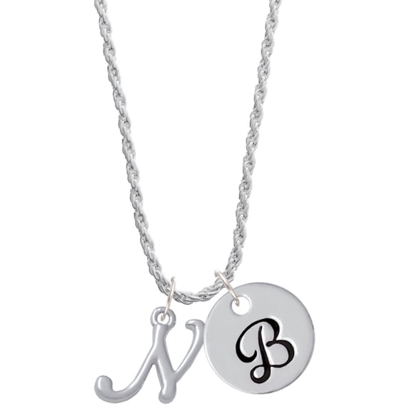 Delight Jewelry Silvertone Small Gelato Script Initial - N - Silvertone Script Initial Disc - B - Charm Necklace, 20"+3"