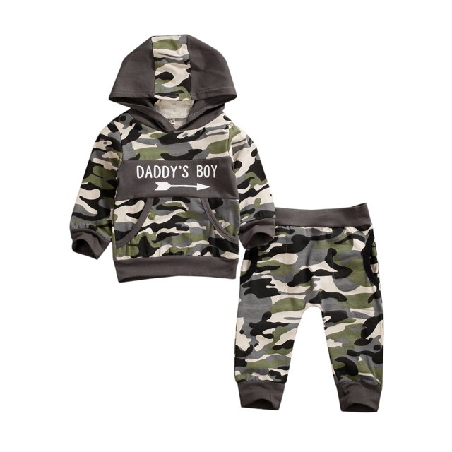 Niños pequeños Conjuntos de ropa para niños pequeños Sudadera con capucha con estampado de letras Pantalones largos Trajes de traje de camuflaje XBTCLXEBCO Camuflaje, 1-2 años