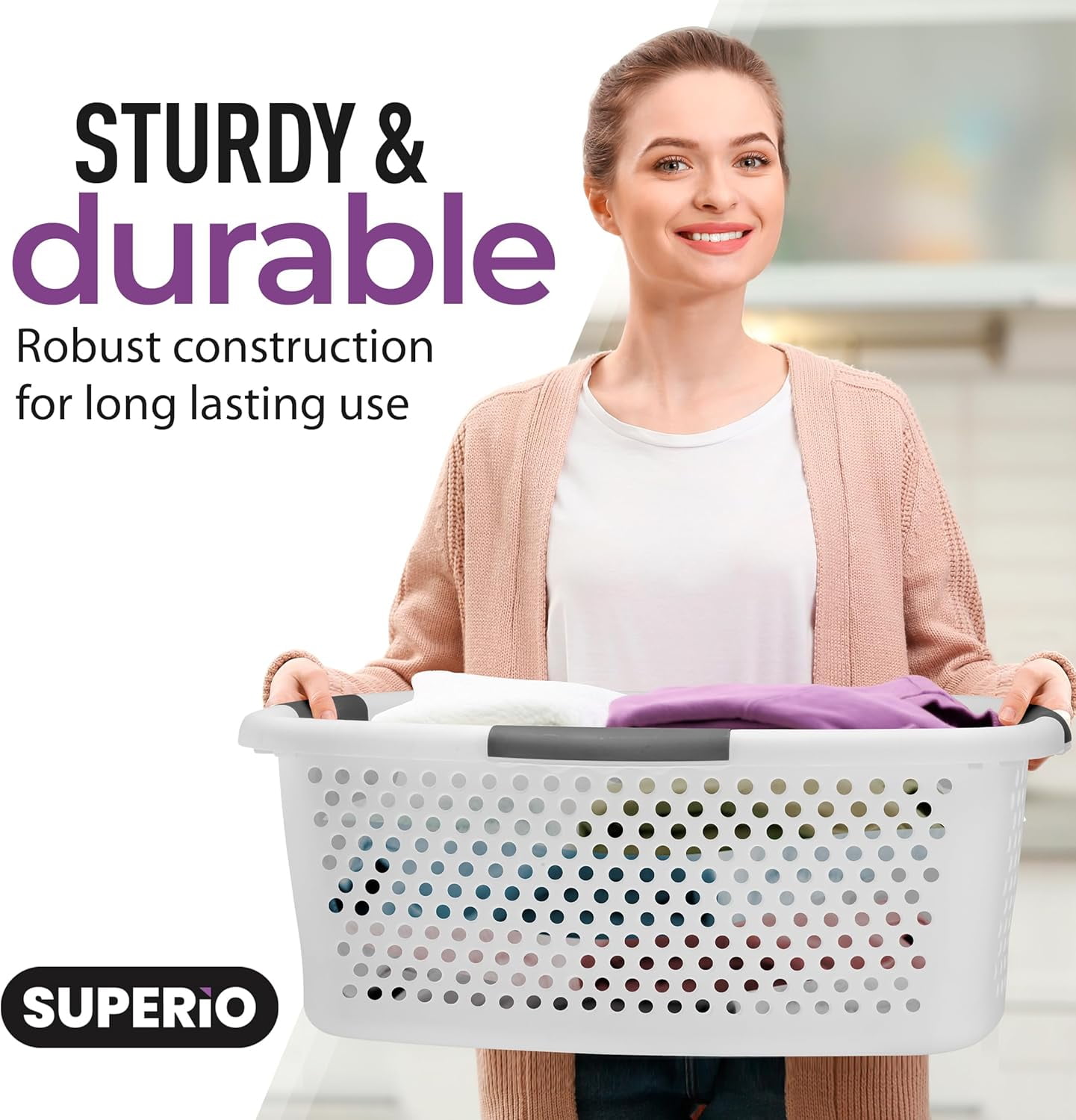 Large Laundry Baskets With Handles, 54 Liter Basket Laundry Bin, Hip Hugging Stackable Laundry Basket for Laundry, Plastic Laundry Baskets, Washing Basket Laundry Organizer, By Superio