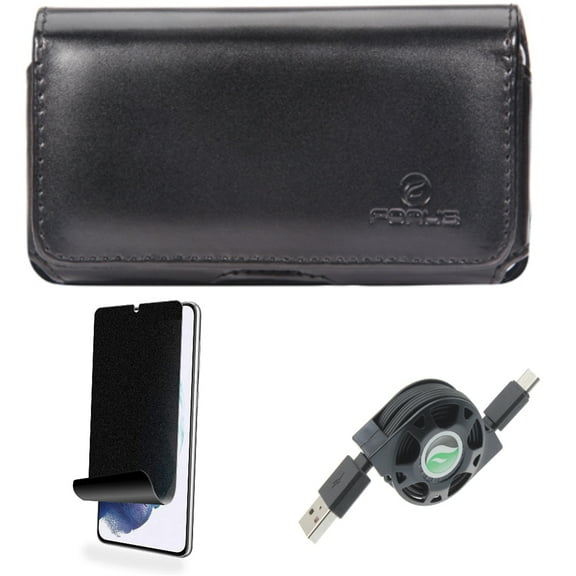 For Samsung Galaxy S21 (6.2") - Type-C Retractable USB Cable   [Fingerprint Works] TPU Film Privacy Screen Protector   Swivel Leather Case Belt Clip