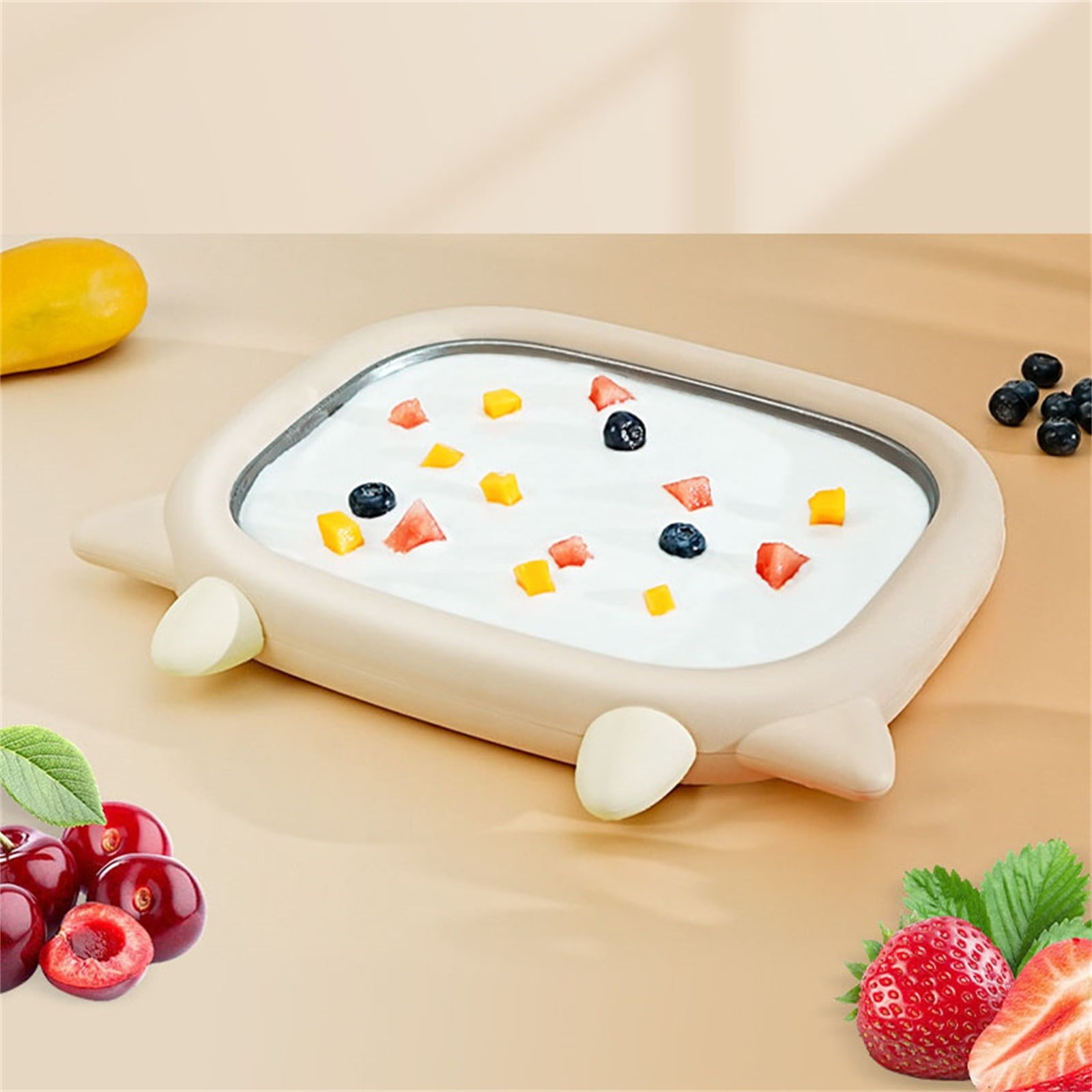 1Pack Cute Cow-Shaped Instant Ice Cream Roll Maker, Peach 10.24x8.86in Food-Grade Stainless Steel Tray with Scrapers, No-Electric Homemade Frozen Treat Maker
