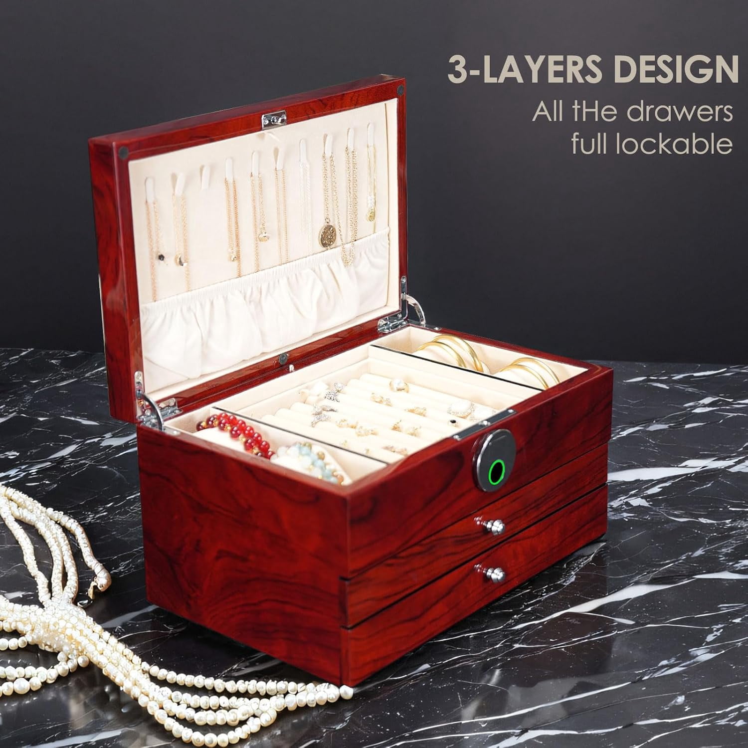 Smart Jewelry Box with Fingerprint Lock, 3-Layer Large Wood Jewelry Organizer for Women, Rosewood Piano Finish Storage Chest with Drawers