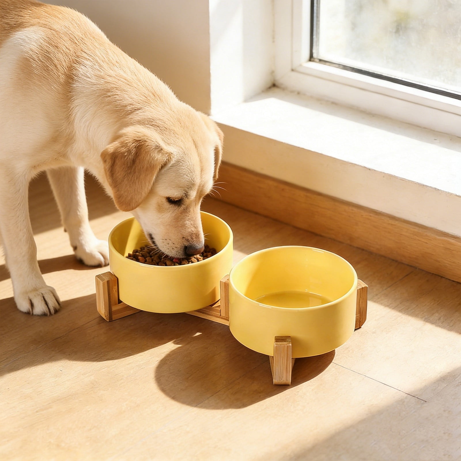 AYktou Ceramic Dog Bowl Set - Double Dog Cats Food Bowls & Water Bowls with Wooden Stand, Feeding Station Pet Feeder Ceramic Cats Dish Pet Bowls Removable Cats Bowls for Puppies Dog and Cats