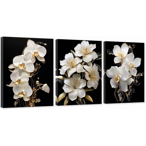 ZHONGYUTONG 3 Piece Orchid Wall Art White Gold Flower Canvas Floral Blossom Pictures Lily Painting for Living Room Decor Framed (11.00" x 14.00" x 3PCS)