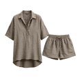 thumbnail image 7 of Linen Lounge Short Sets for Women Summer Two Piece Shorts and Short Sleeve Top Matching Sets Casual Beach Outfits Khaki XL, 7 of 7