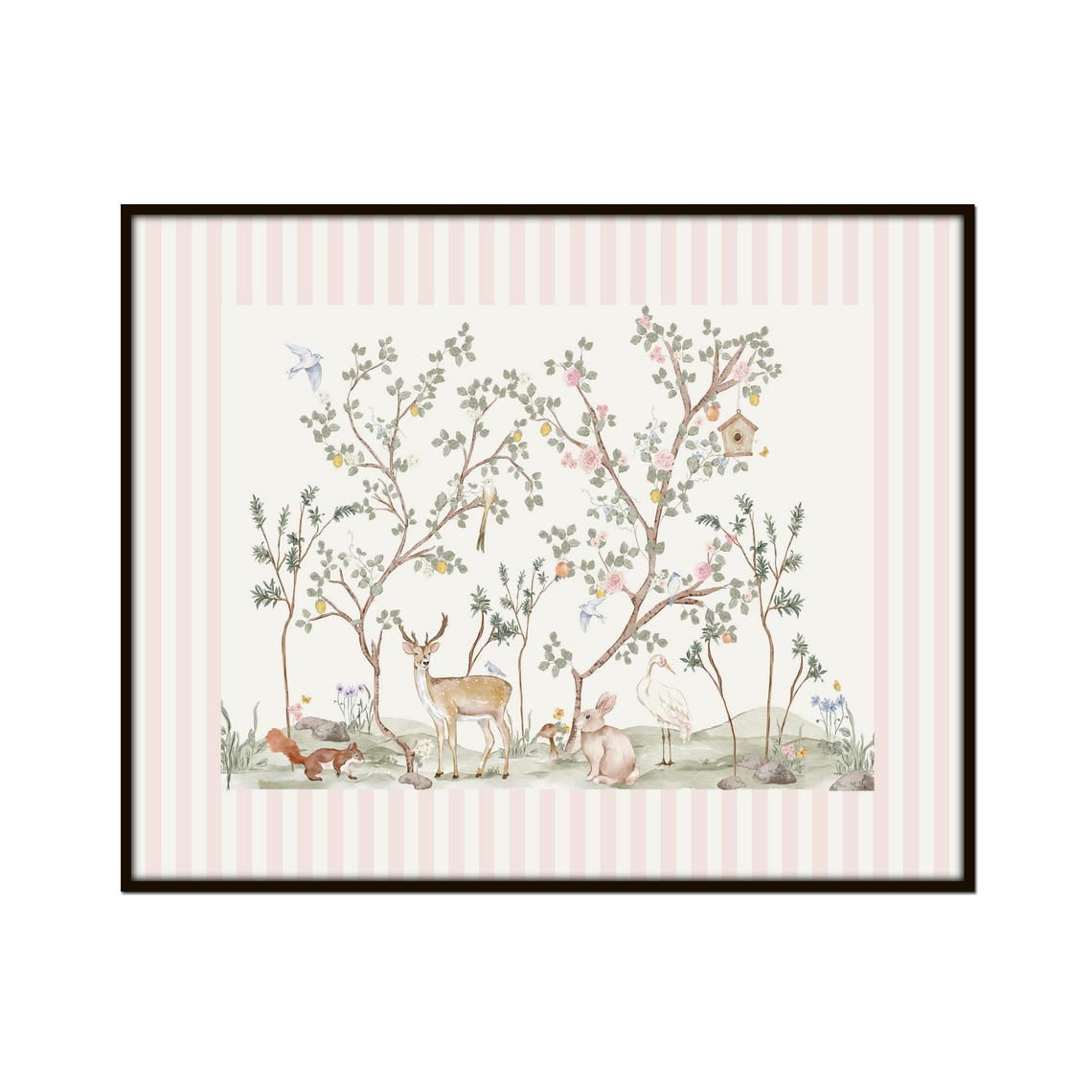 Woodland Chinoiserie Nursery Art Print With Pink Striped Border Giclee Nursery Decor