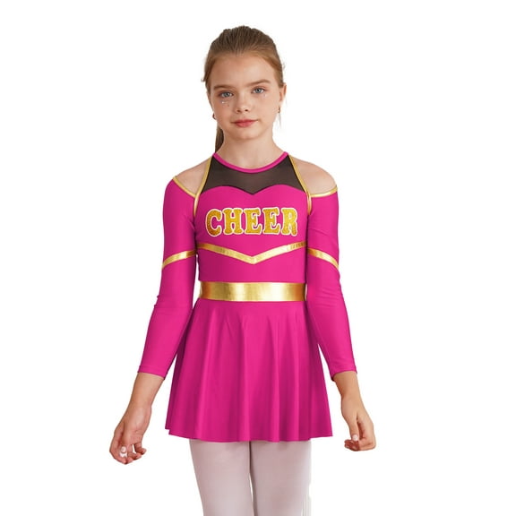 YEAHDOR Kids Girls Halloween Cheer Leader Costume Long Sleeve Dress Carnival Party Fancy Dress Up Outfit Hot Pink 12