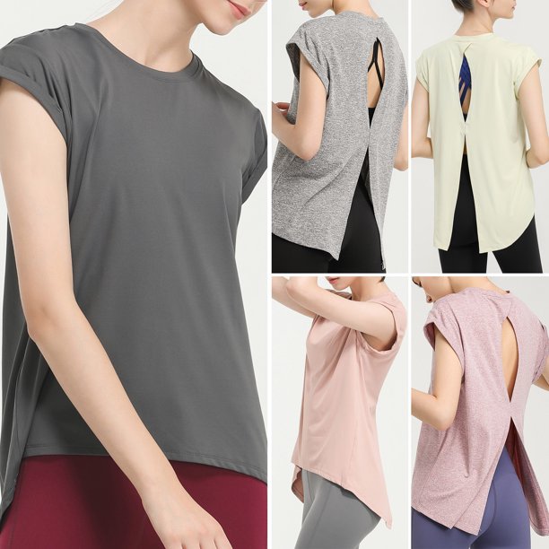Camiseta deportiva para mujer Hollow Out Split Back O Neck Short