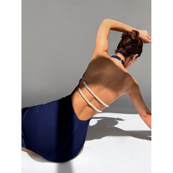 Navy Blue Backless Sleeveless Evening Dress With Faux Pearl Strand Detail, Elegant Formal Gown For Women