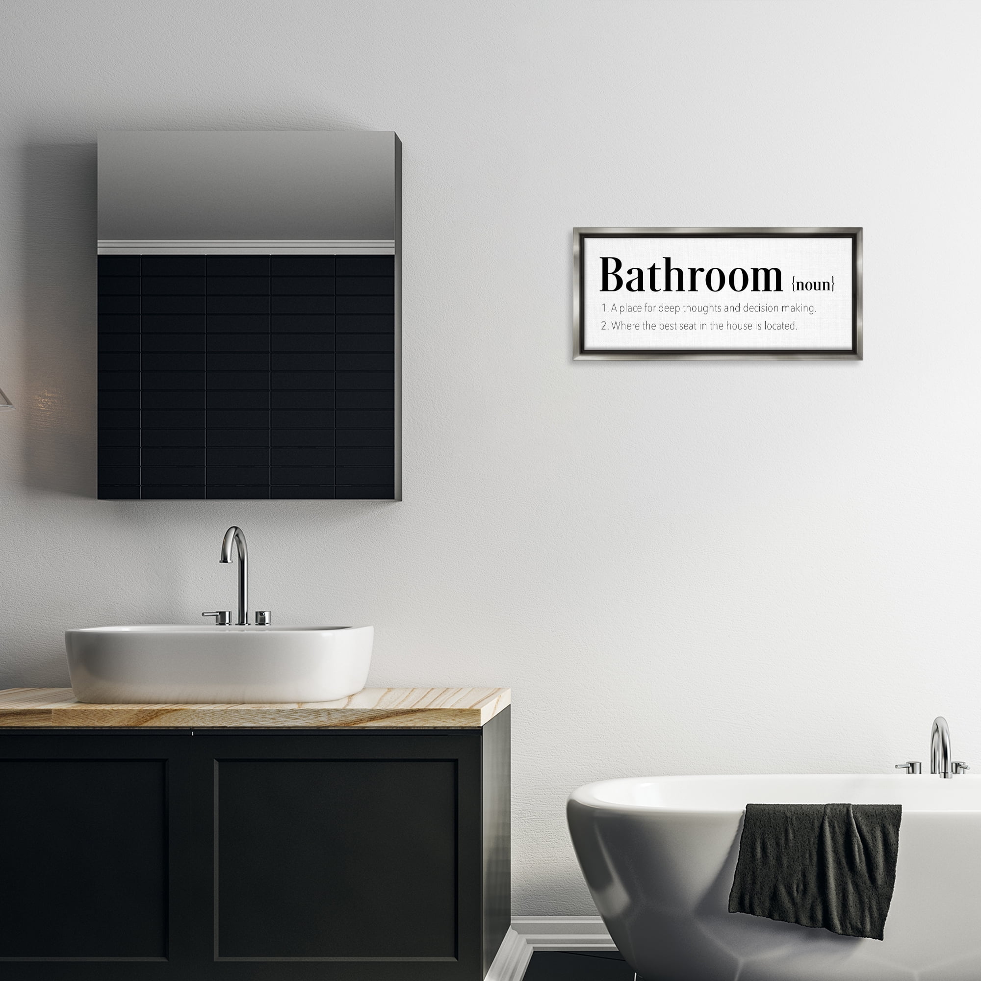 Stupell Industries Funny Bathroom Definition Bath & Laundry Painting Gray Floater Framed Canvas Art Print Wall Art, 25 x 11