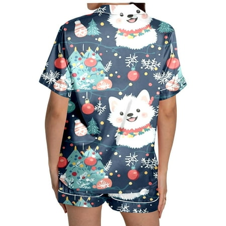 JIANJIA Womens Pajama Sets Christmas Tree Print Silk Satin Lapel Short Sleeve Tops With Shorts Sleepwear Nightwear