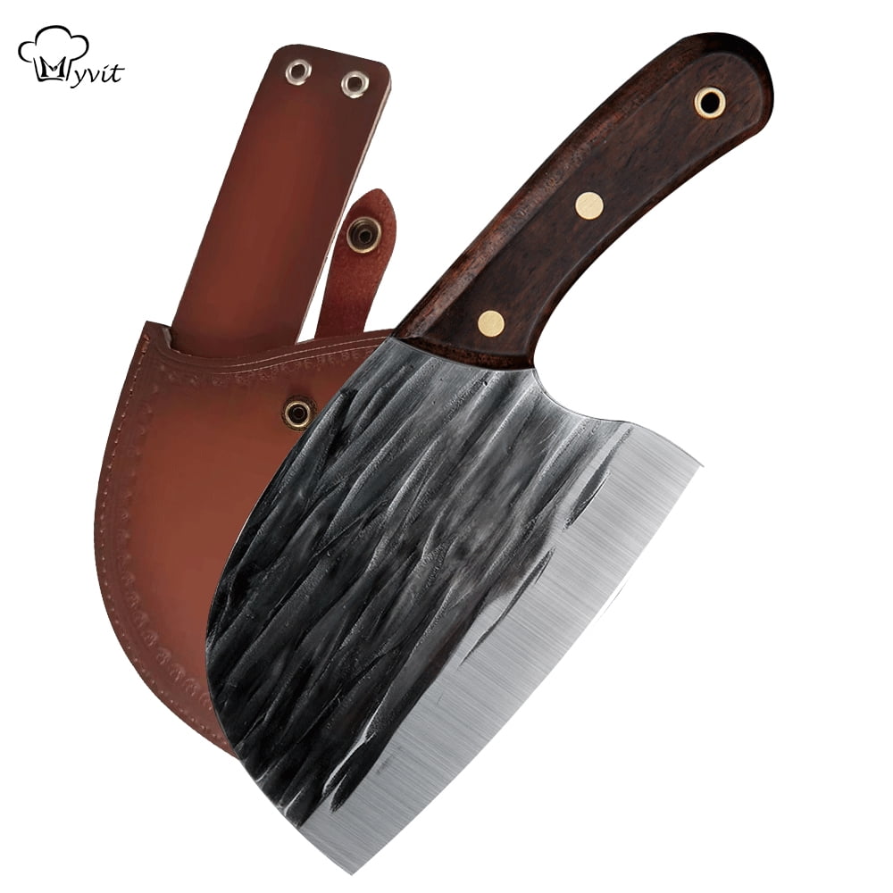 TIJERAS Butcher Knife Set, 3PCS Hand Forged Meat Cleaver & Serbian Chef  Knife & Viking Knives with Sheaths, Black High Carbon Steel Meat Cutting