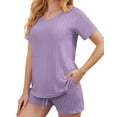 thumbnail image 4 of Qylux Pajamas for Women Set Ribbed Knit Sleepwear Set Summer Short Sleeve Top and Shorts 2 Piece Lounge Set with Pockets,Light Purple,S, 4 of 9