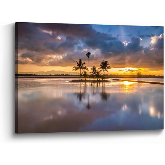 Ocean Canvas Wall Art Decor: Beach Coastal Scene Artwork Palm Tree Seascape Painting Print Horizontal Sunset Sea Theme Picture for Bathroom Bedroom Living Room