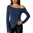 thumbnail image 3 of JSheng Women's Off Shoulder Tops Fashion Slim Pullover Slanted Collar And Irregular Hem Long Sleeves Sweater Navy S, 3 of 4
