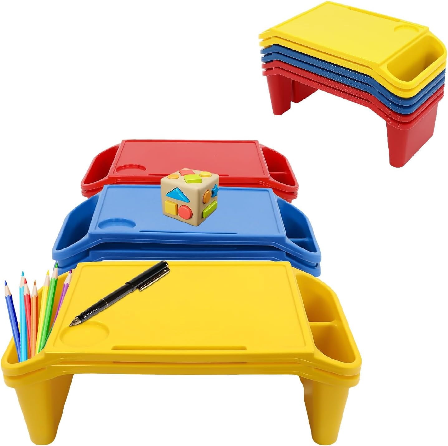 6 Pcs Lap Desk Tray, Portable Colorful Rectangular Kids Lap Bed Table, Plastic Breakfast Laptop Trays with Side Pockets, Stackable Lap Desk for Coloring Books Books Snacks