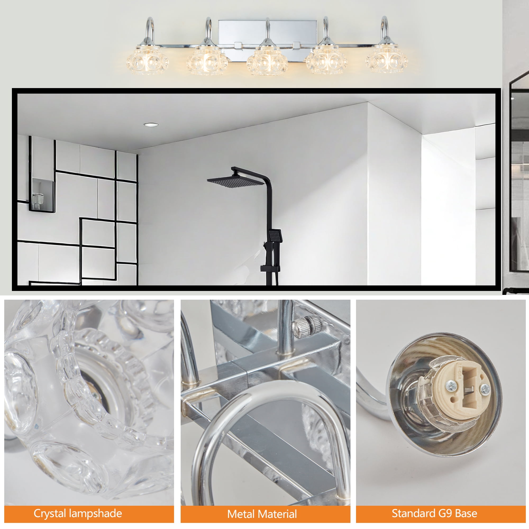 5-Light Bathroom Light Fixtures, Nickel Modern Bathroom 29.1in Vanity Lights with Flower Glass Shade, Bathroom Wall Lamp for Mirror Cabinet Porch, E12
