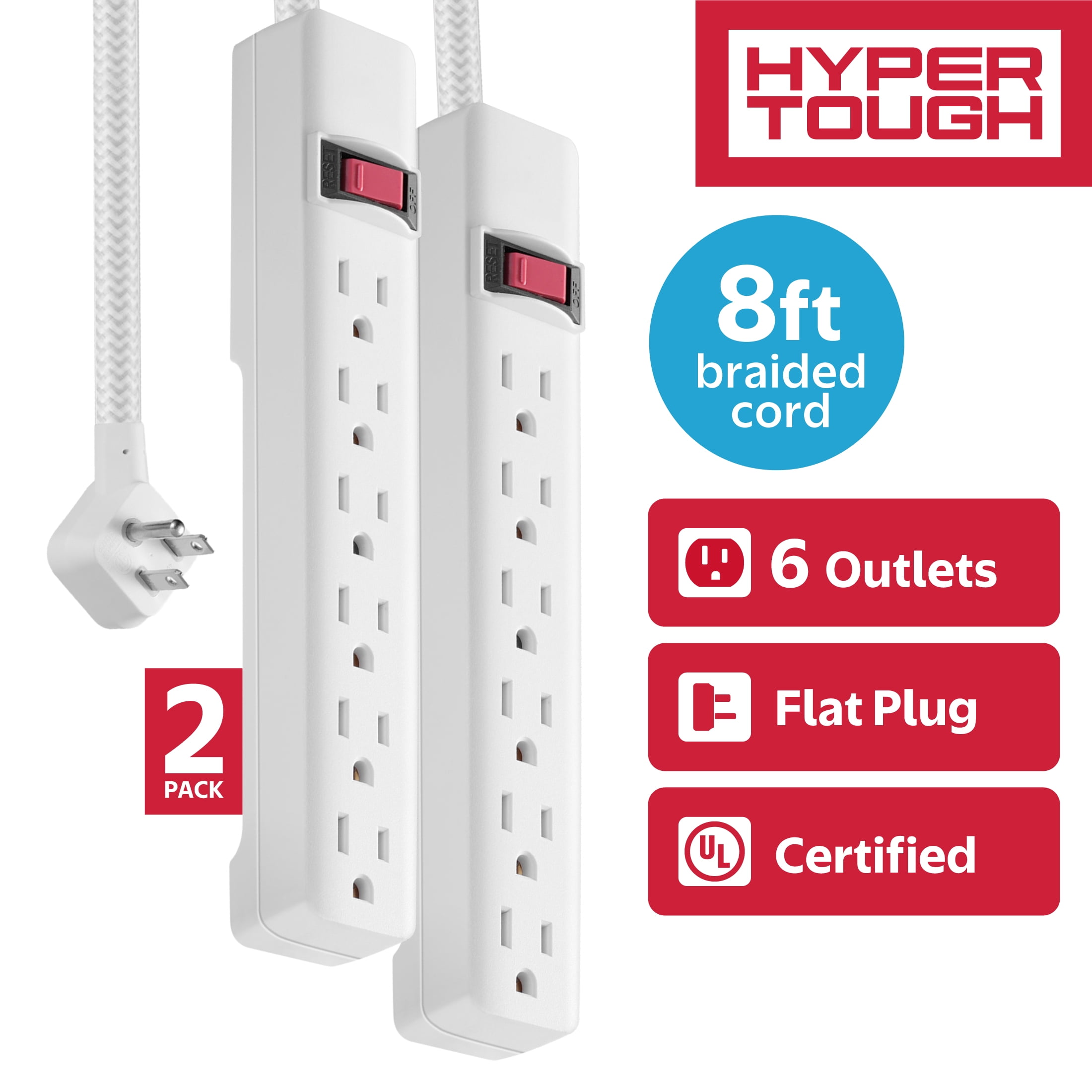 Hyper Tough Indoor 6-Outlet Power Strip with 8ft Braided Cord