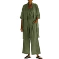 thumbnail image 2 of Mifsaly Two Piece Linen Sets for Women Open Front Long Cardigan and High Waisted Wide Leg Jumpsuits with Pockets Lightweight Flowy Summer Casual Vacation Matching Outfits Green,S, 2 of 8