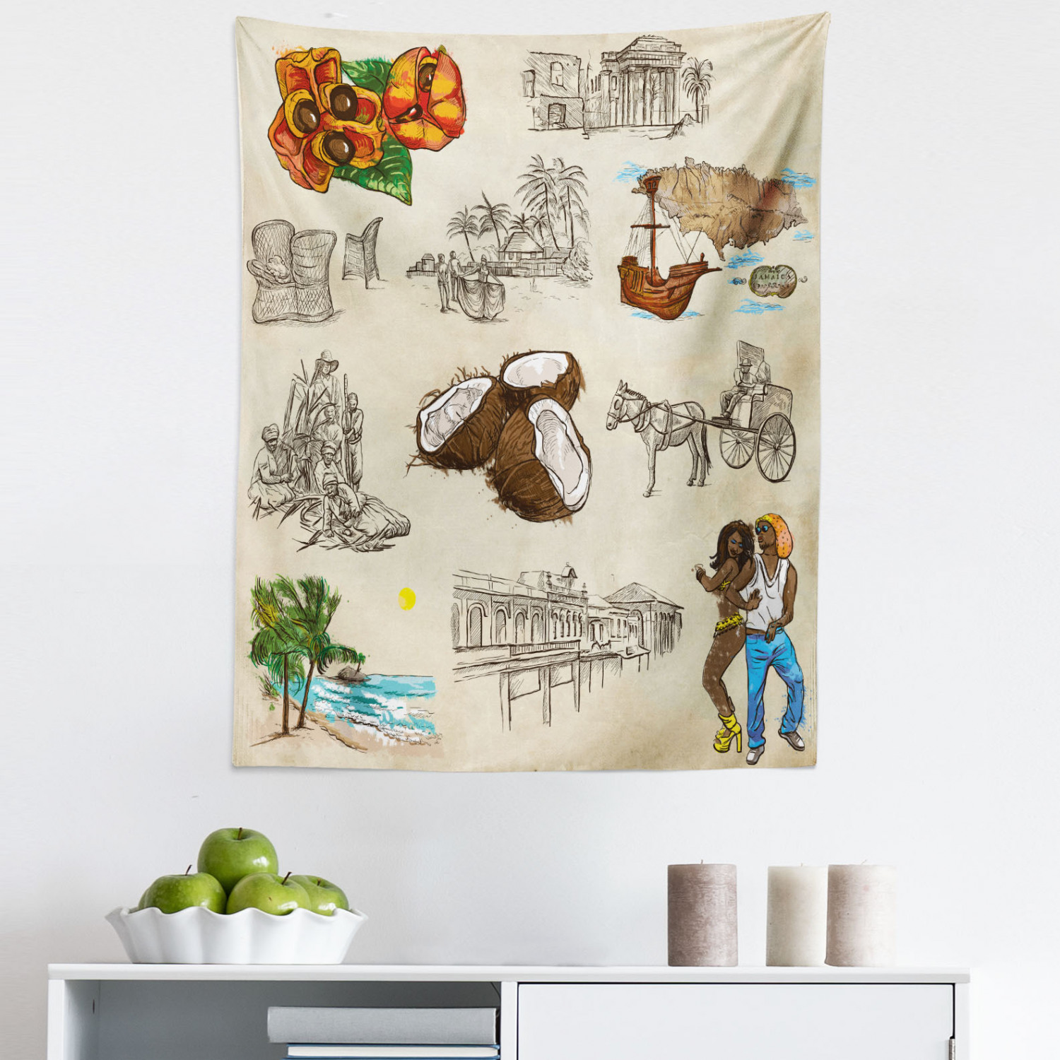 Jamaican Tapestry, Hand Drawn Illustrations of Elements from Caribbean 