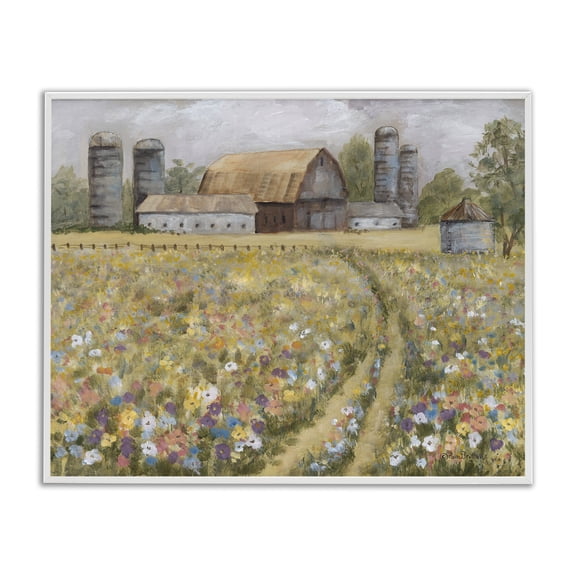 Stupell Industries Meadow Path to Barn Landscape Painting White Framed Art Print Wall Art, 14 x 11