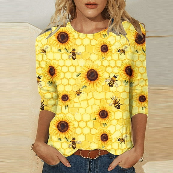 Bee Print Tops for Women Womens 3/4 Sleeve Tops Casual Summer Blouses for Women 2025 3/4 Sleeve Women Summer Blouses Trendy V Neck Printed T Shirts for Women my orders